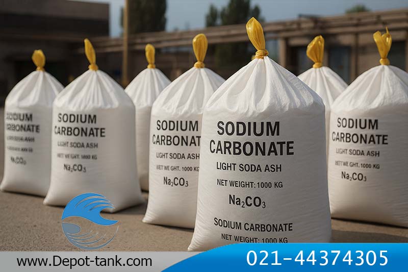 بسته‌های یک تنی سدیم کربنات سبک با بسته‌بندی صنعتی در فضای باز؛ کیسه‌های بزرگ حاوی کربنات سدیم با چاپ اطلاعات محصول