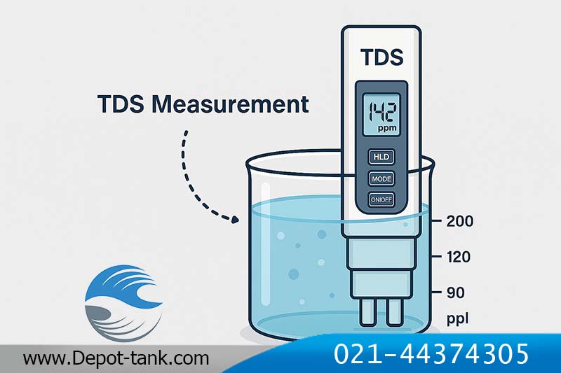 ایلوستریشن اندازه‌گیری TDS با دستگاه دیجیتال در لیوان آب