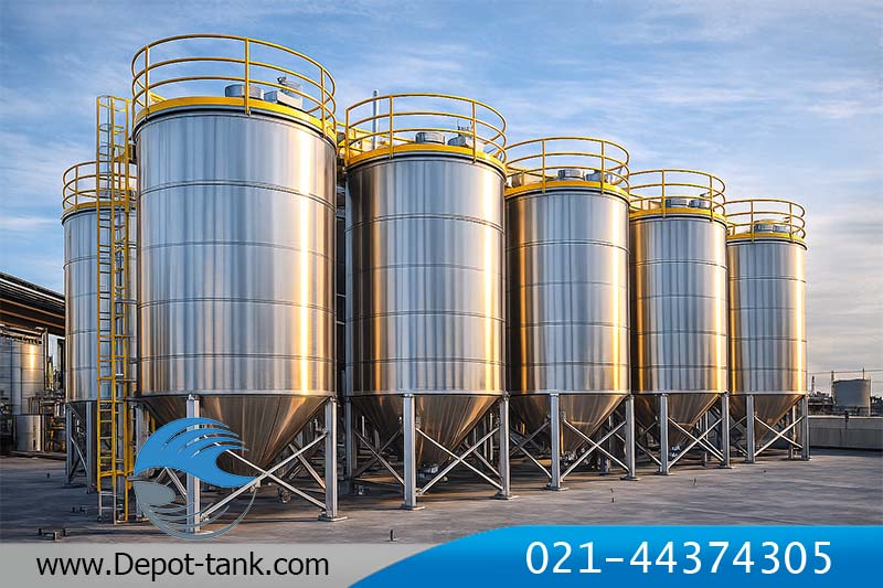 تصویری از مجموعه‌ای بزرگ از مخازن استیل صنعتی ایستاده با نردبان و حفاظ زردرنگ که در محوطه یک کارخانه نصب شده‌اند