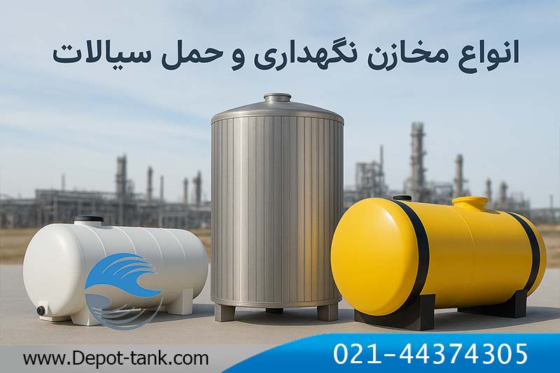 انواع مخازن حمل و ذخیره سیالات شامل مخزن پلی‌اتیلن سفید، مخزن استیل عمودی و مخزن افقی زرد رنگ در فضای باز صنعتی