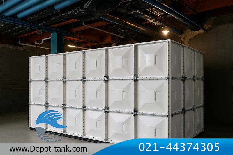 «مخزن کامپوزیت SMC مونتاژ‌شده در اتاق تاسیسات ساختمان با لوله‌کشی سقفی و تجهیزات صنعتی»