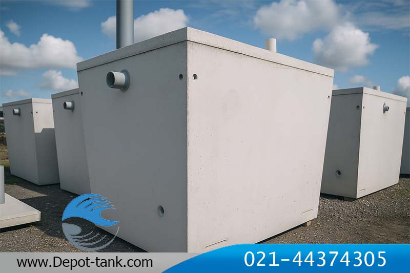 تصویری از مخزن بتنی ذخیره آب که در فضای باز کارخانه قرار گرفته‌اند و با لوله‌کشی ورودی و خروجی تجهیز شده‌اند