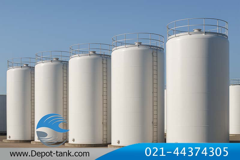 تصویر مجموعه‌ای از مخازن عمودی سفیدرنگ فود گرید با نرده ایمنی در بخش بالایی، مناسب ذخیره‌سازی سیالات صنعتی و مواد بهداشتی.